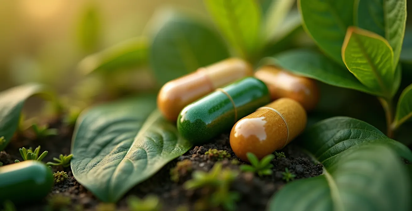 Gros plan détaillé sur capsules et plantes naturelles, lumière chaude et texture réaliste