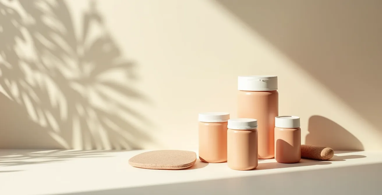 Scène conceptuelle minimaliste d’objets de sport et de nutrition sur fond épuré avec lumière douce