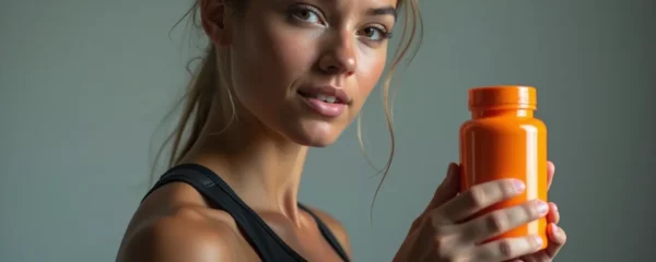 Photographie réaliste d'un athlète en tenue de sport, concentré, tenant une bouteille de supplément sur un fond épuré avec espace négatif, lumière douce et bokeh naturel