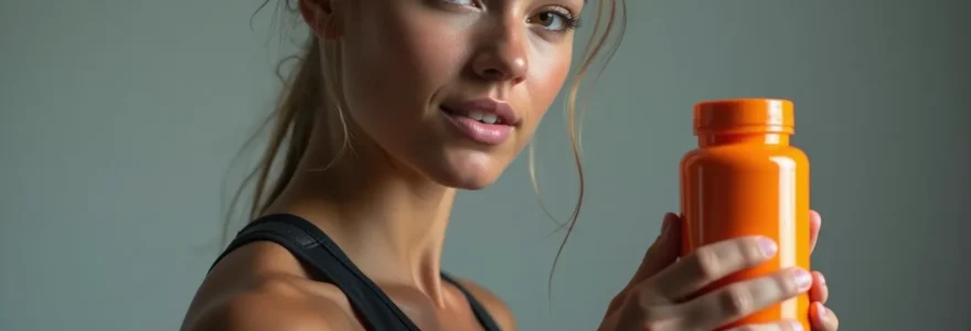 Photographie réaliste d'un athlète en tenue de sport, concentré, tenant une bouteille de supplément sur un fond épuré avec espace négatif, lumière douce et bokeh naturel