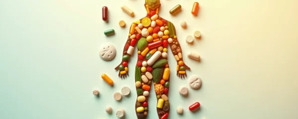 Illustration principale photo-réaliste représentant des compléments alimentaires variés autour d'une silhouette humaine stylisée indiquant la perte de poids, avec un éclairage cinématographique et un fond épuré avec espace négatif pour titre