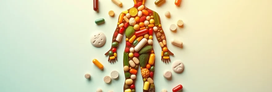 Illustration principale photo-réaliste représentant des compléments alimentaires variés autour d'une silhouette humaine stylisée indiquant la perte de poids, avec un éclairage cinématographique et un fond épuré avec espace négatif pour titre